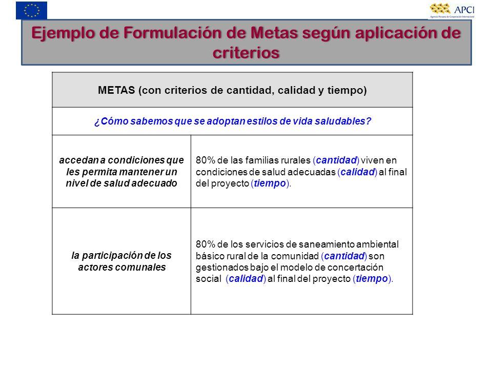 Ejemplo de Formulación de Metas según aplicación de criterios