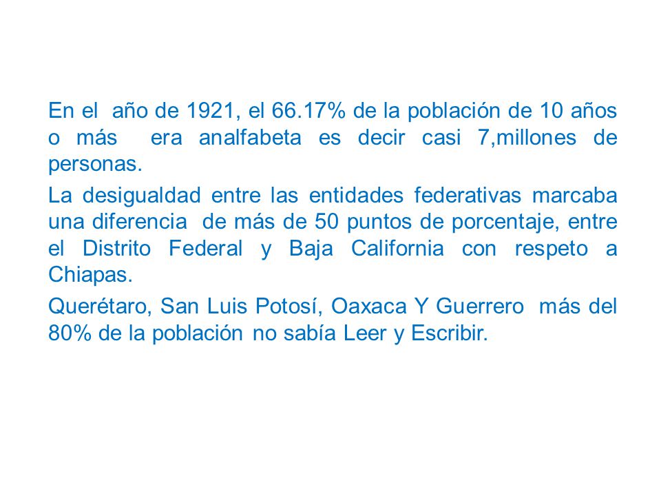 En el año de 1921, el 66.17% de la población de 10 años o más era analfabeta es decir casi 7,millones de personas.