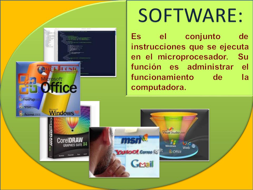 SOFTWARE: Es el conjunto de instrucciones que se ejecuta en el microprocesador.