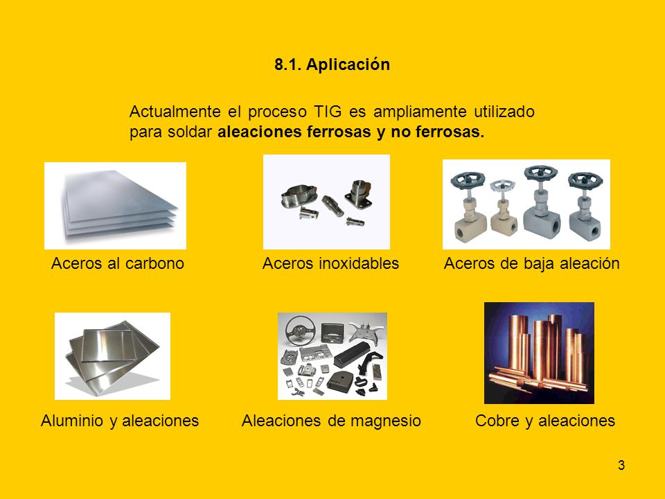 8.1. Aplicación Actualmente el proceso TIG es ampliamente utilizado para soldar aleaciones ferrosas y no ferrosas.
