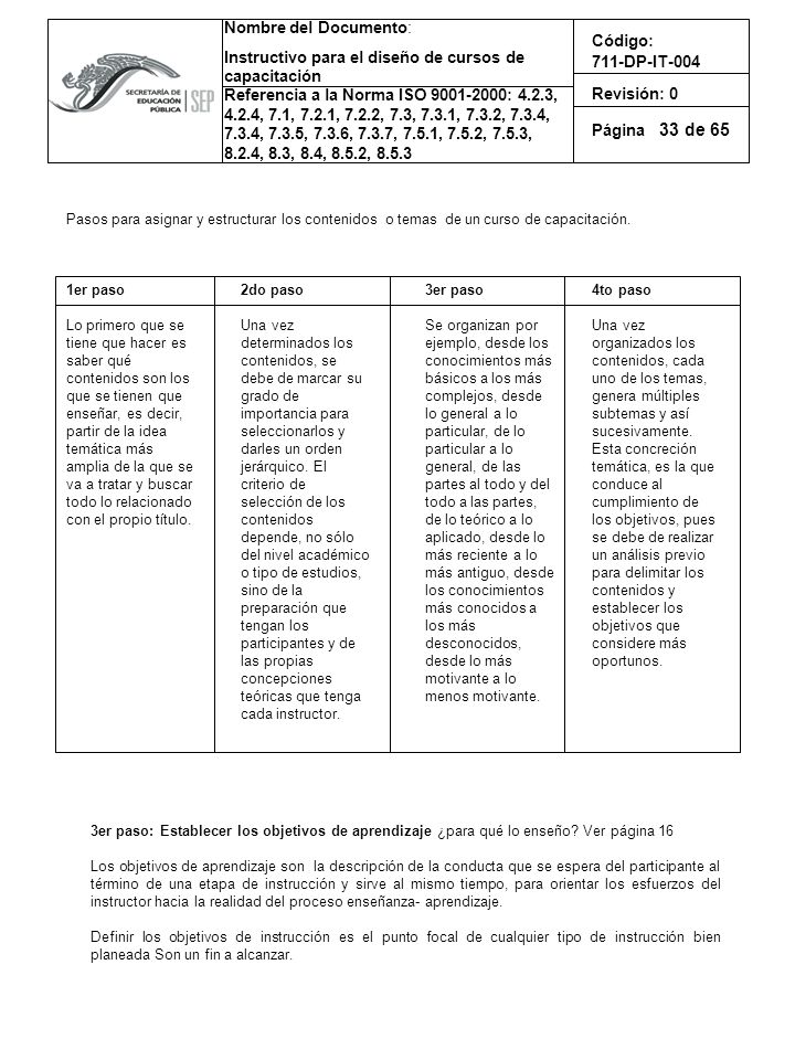 33 Pasos para asignar y estructurar los contenidos o temas de un curso de capacitación. 1er paso.