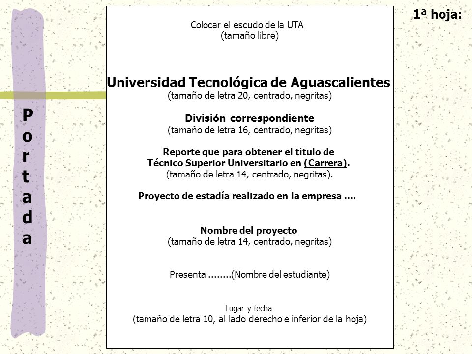P o r t a d a Universidad Tecnológica de Aguascalientes 1ª hoja: