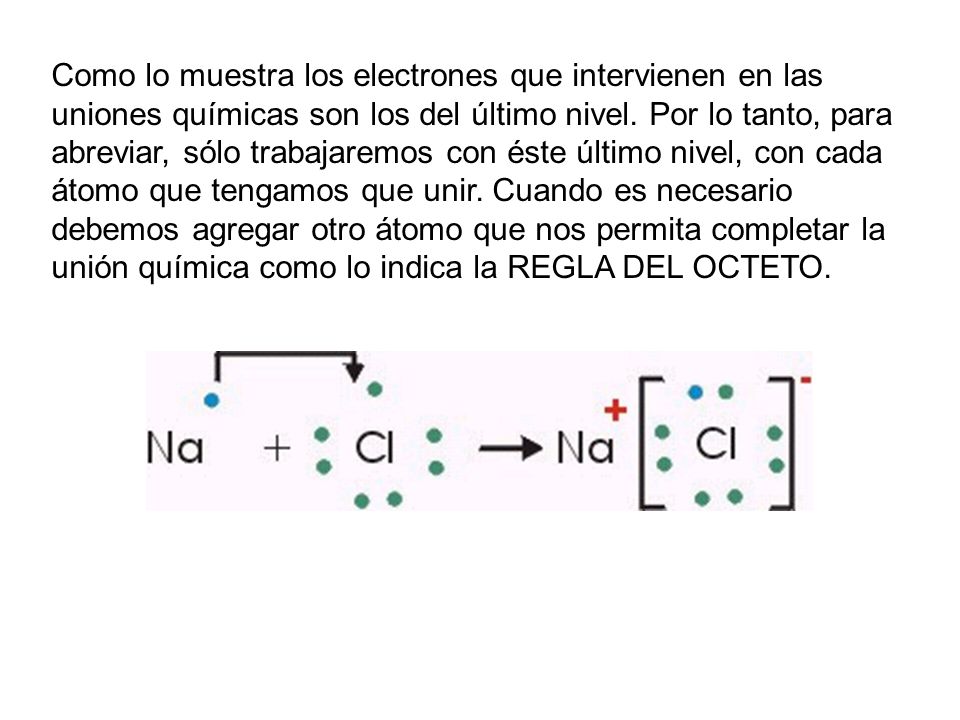Como lo muestra los electrones que intervienen en las uniones químicas son los del último nivel.