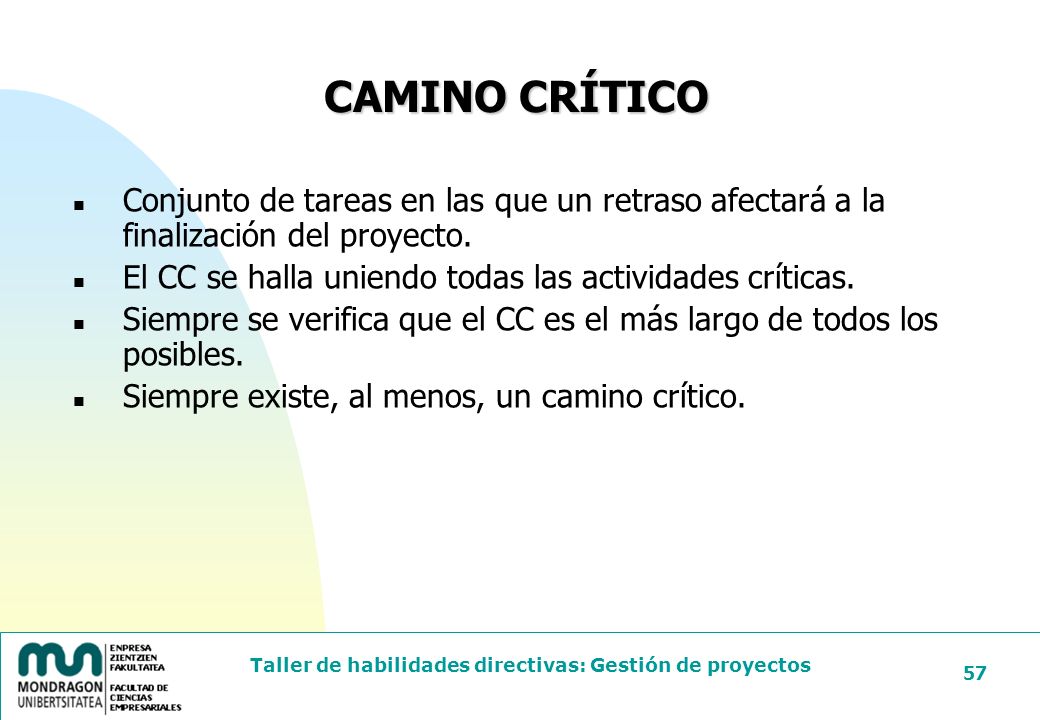 24/03/2017 CAMINO CRÍTICO. Conjunto de tareas en las que un retraso afectará a la finalización del proyecto.