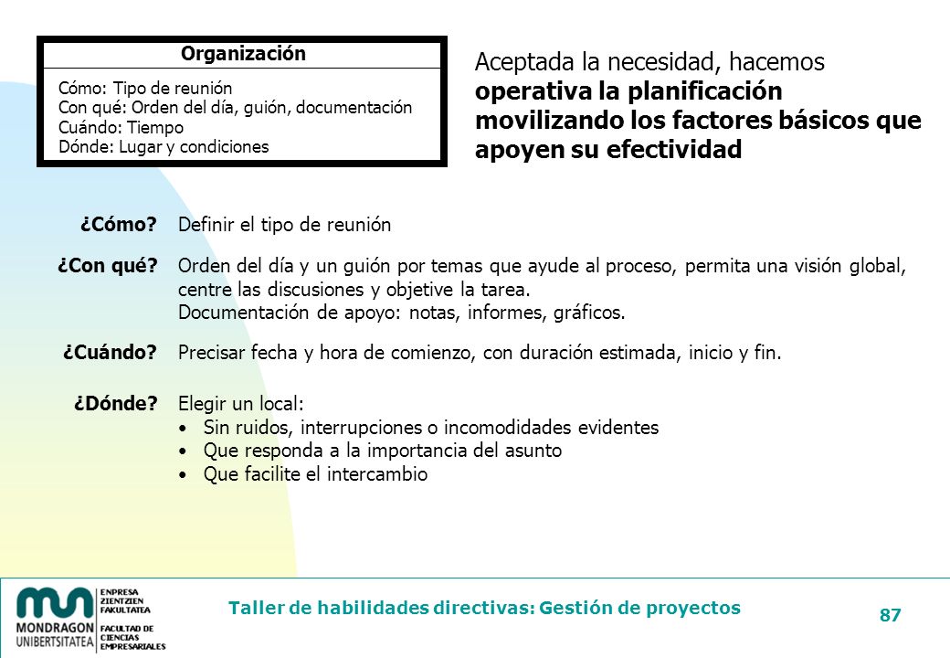 24/03/2017 Organización. Cómo: Tipo de reunión. Con qué: Orden del día, guión, documentación. Cuándo: Tiempo.