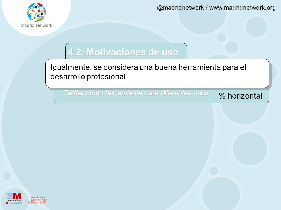 4.2. Motivaciones de uso Igualmente, se considera una buena herramienta para el desarrollo profesional.