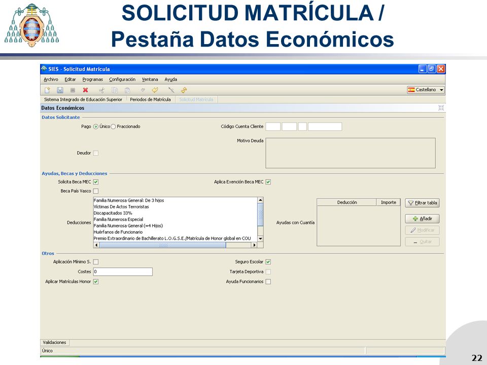 SOLICITUD MATRÍCULA / Pestaña Datos Económicos