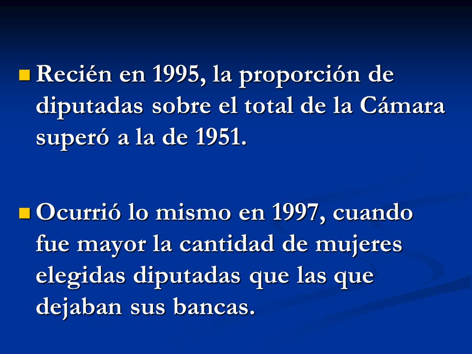 Recién en 1995, la proporción de diputadas sobre el total de la Cámara superó a la de 1951.