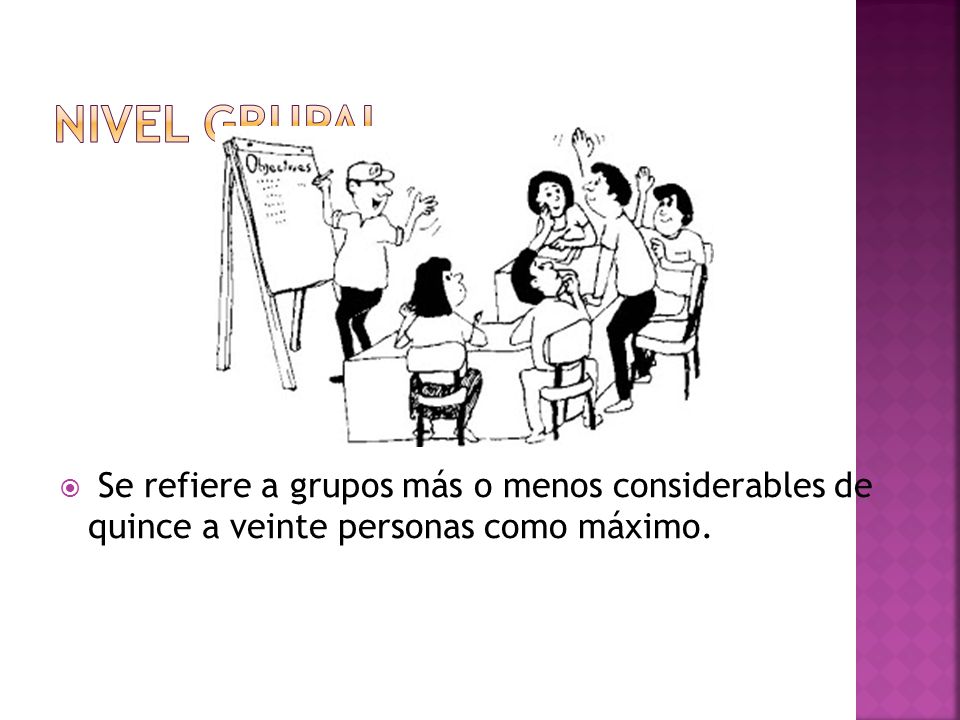 Nivel grupal Se refiere a grupos más o menos considerables de quince a veinte personas como máximo.