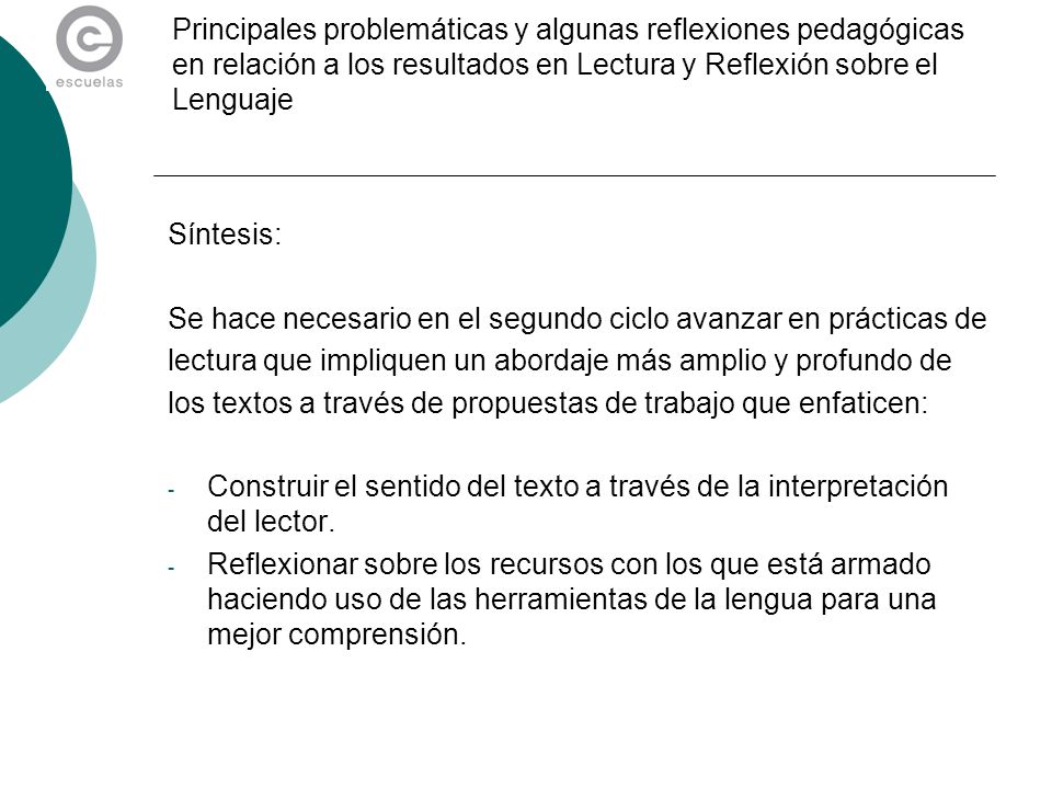 Principales problemáticas y algunas reflexiones pedagógicas en relación a los resultados en Lectura y Reflexión sobre el Lenguaje