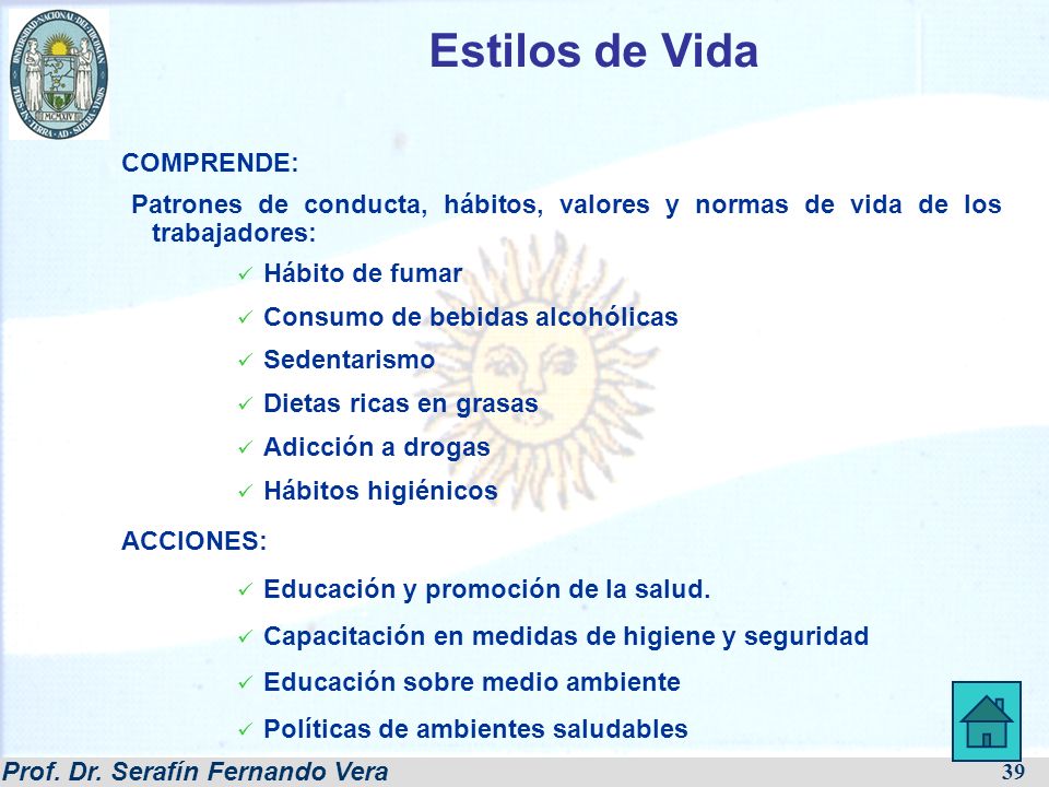Estilos de Vida COMPRENDE: Patrones de conducta, hábitos, valores y normas de vida de los trabajadores: