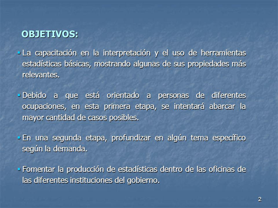 OBJETIVOS: La capacitación en la interpretación y el uso de herramientas estadísticas básicas, mostrando algunas de sus propiedades más relevantes.