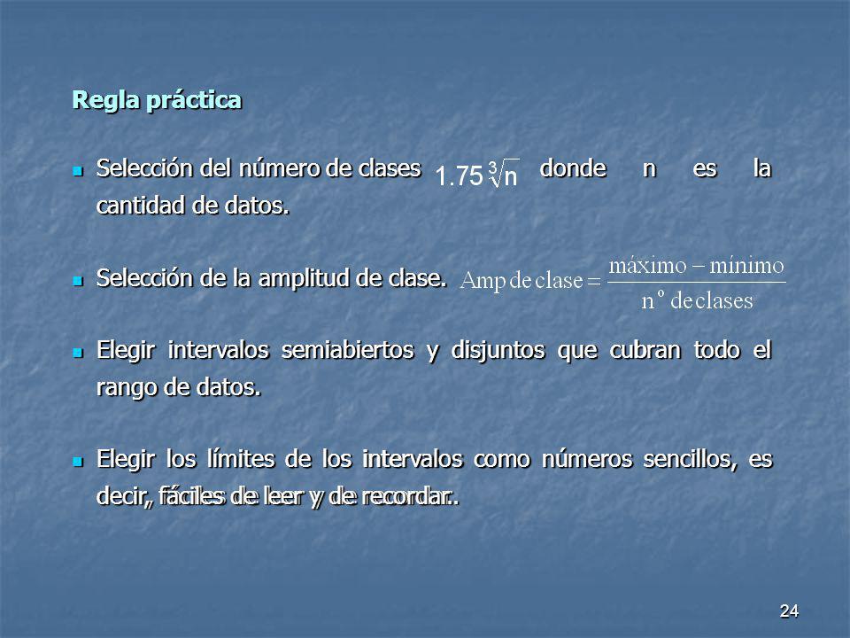 Regla práctica Selección del número de clases donde n es la cantidad de datos. Selección de la amplitud de clase.