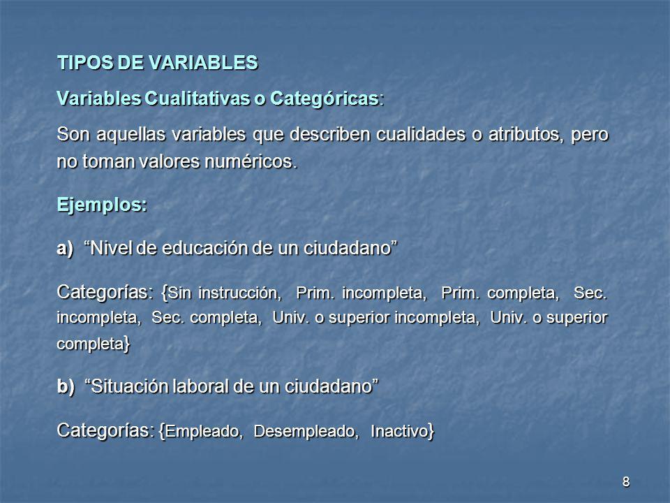TIPOS DE VARIABLES Variables Cualitativas o Categóricas: