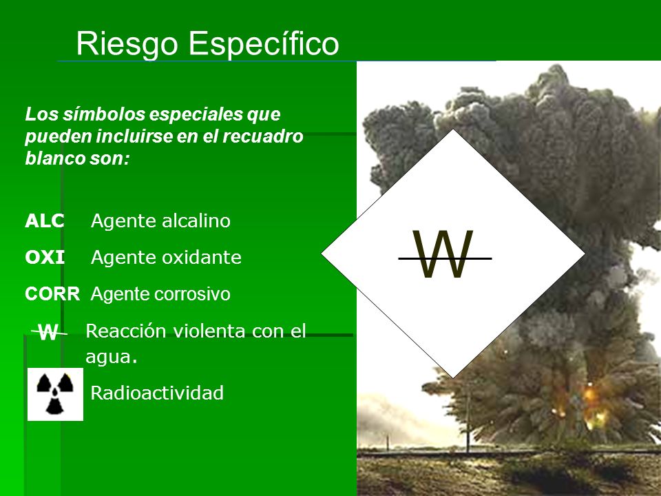 Riesgo Específico Los símbolos especiales que pueden incluirse en el recuadro blanco son: W. Reacción violenta con el.