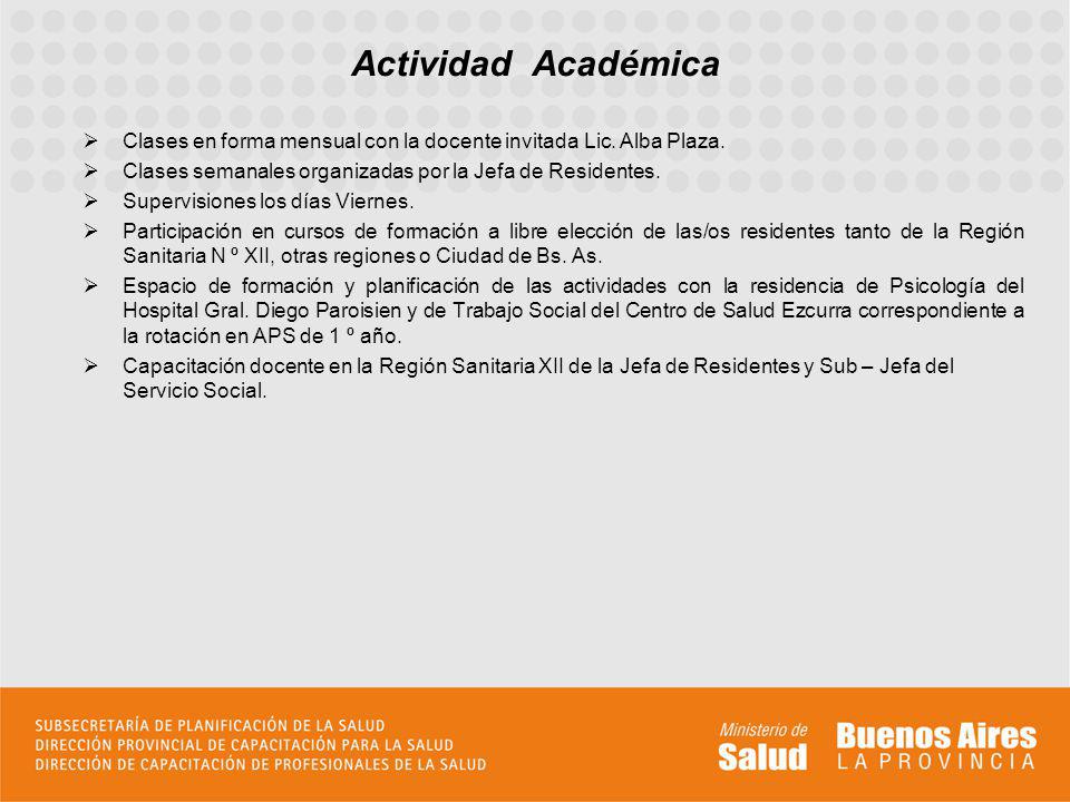 Actividad Académica Clases en forma mensual con la docente invitada Lic. Alba Plaza. Clases semanales organizadas por la Jefa de Residentes.