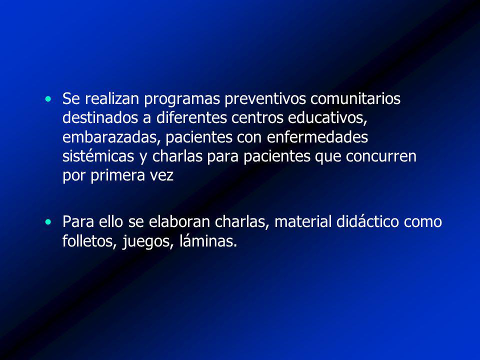 Se realizan programas preventivos comunitarios destinados a diferentes centros educativos, embarazadas, pacientes con enfermedades sistémicas y charlas para pacientes que concurren por primera vez