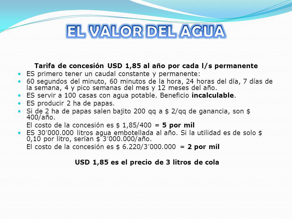 EL VALOR DEL AGUA Tarifa de concesión USD 1,85 al año por cada l/s permanente. ES primero tener un caudal constante y permanente: