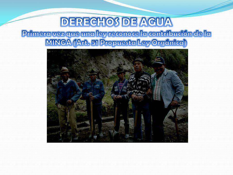 DERECHOS DE AGUA Primera vez que una ley reconoce la contribución de la MINGA (Art.