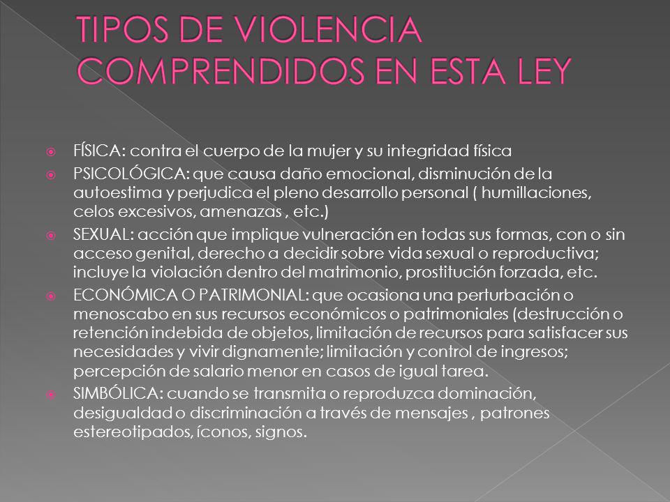 TIPOS DE VIOLENCIA COMPRENDIDOS EN ESTA LEY