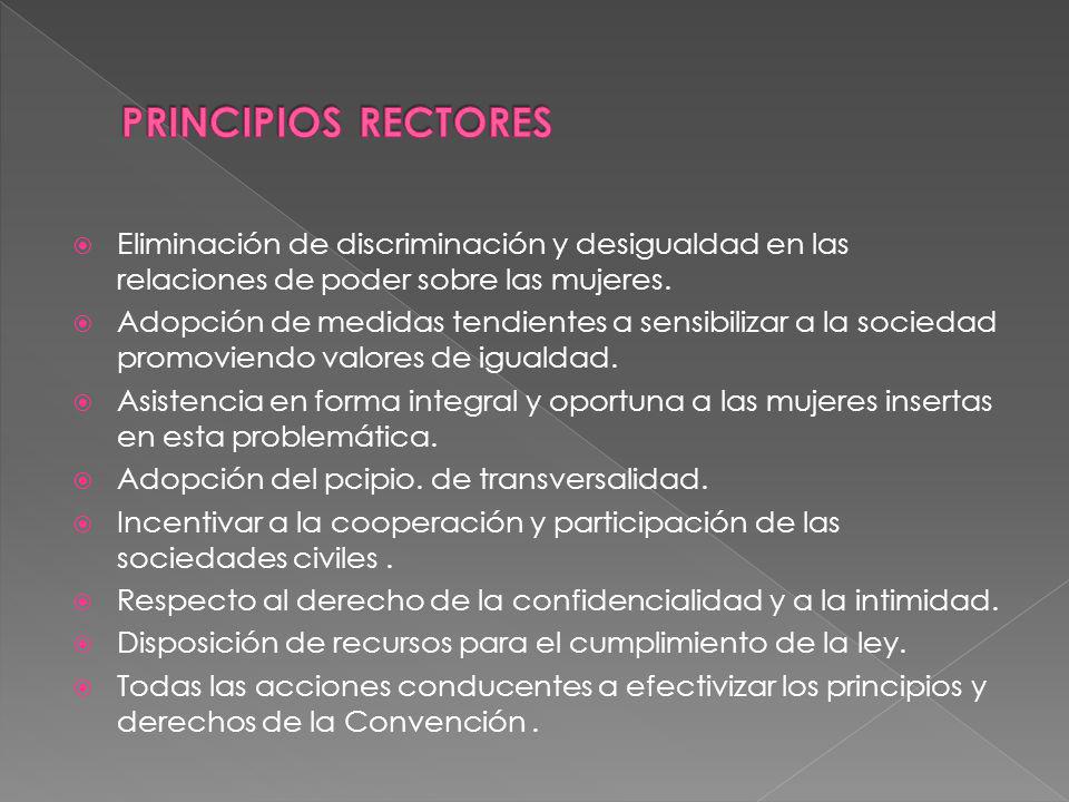 PRINCIPIOS RECTORES Eliminación de discriminación y desigualdad en las relaciones de poder sobre las mujeres.