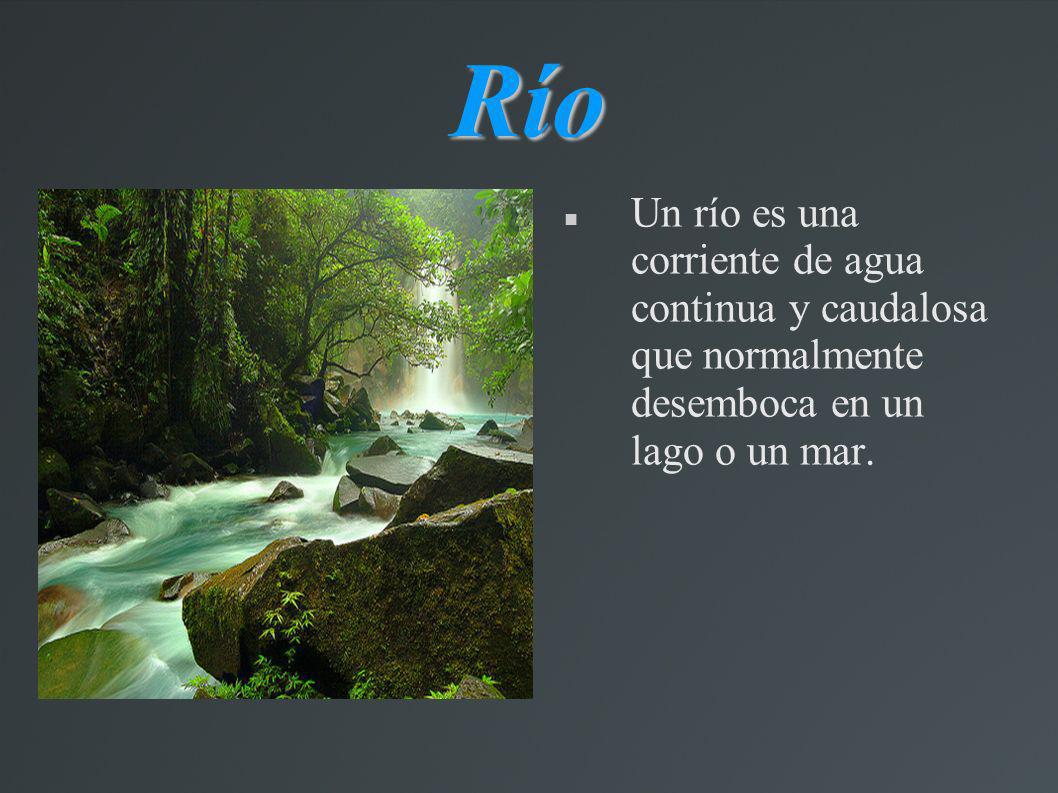 Río Un río es una corriente de agua continua y caudalosa que normalmente desemboca en un lago o un mar.
