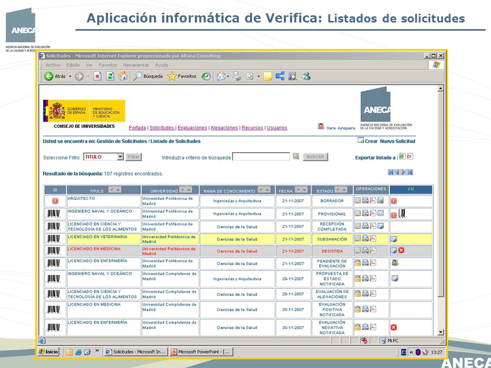 Aplicación informática de Verifica: Listados de solicitudes
