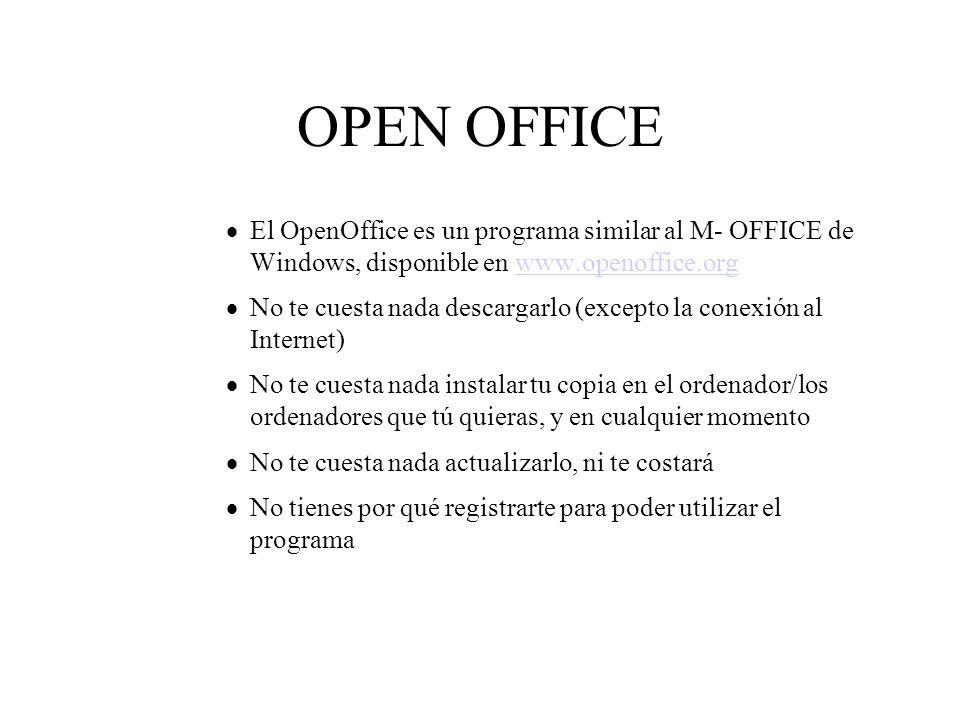 OPEN OFFICE El OpenOffice es un programa similar al M- OFFICE de Windows, disponible en