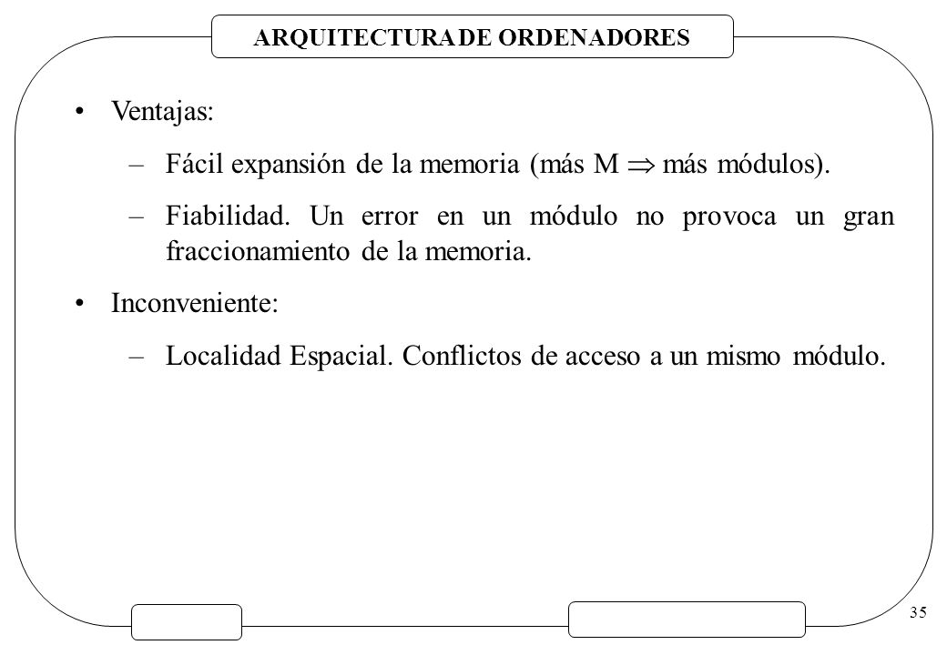 Ventajas: Fácil expansión de la memoria (más M  más módulos). Fiabilidad. Un error en un módulo no provoca un gran fraccionamiento de la memoria.