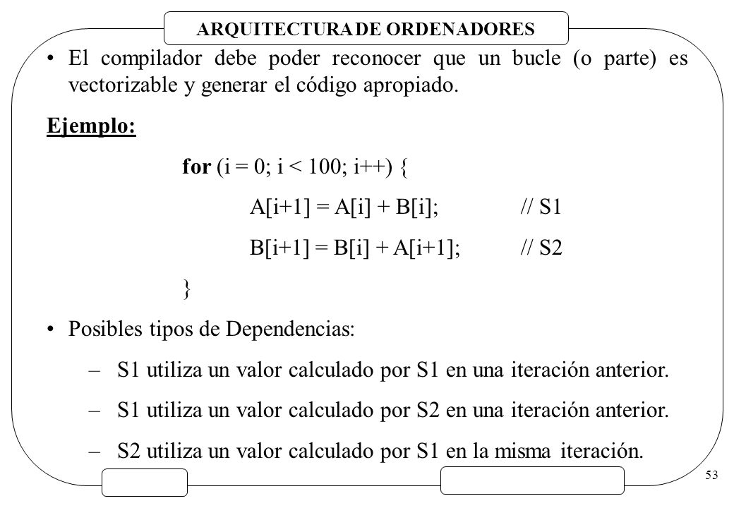 El compilador debe poder reconocer que un bucle (o parte) es vectorizable y generar el código apropiado.