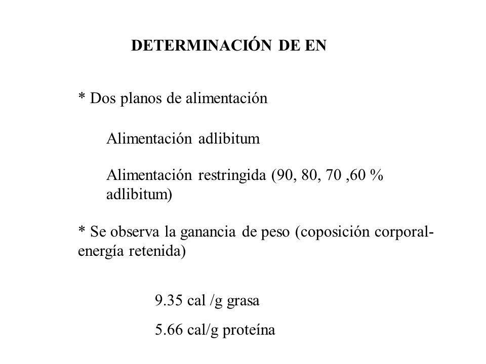 DETERMINACIÓN DE EN * Dos planos de alimentación. Alimentación adlibitum. Alimentación restringida (90, 80, 70 ,60 % adlibitum)