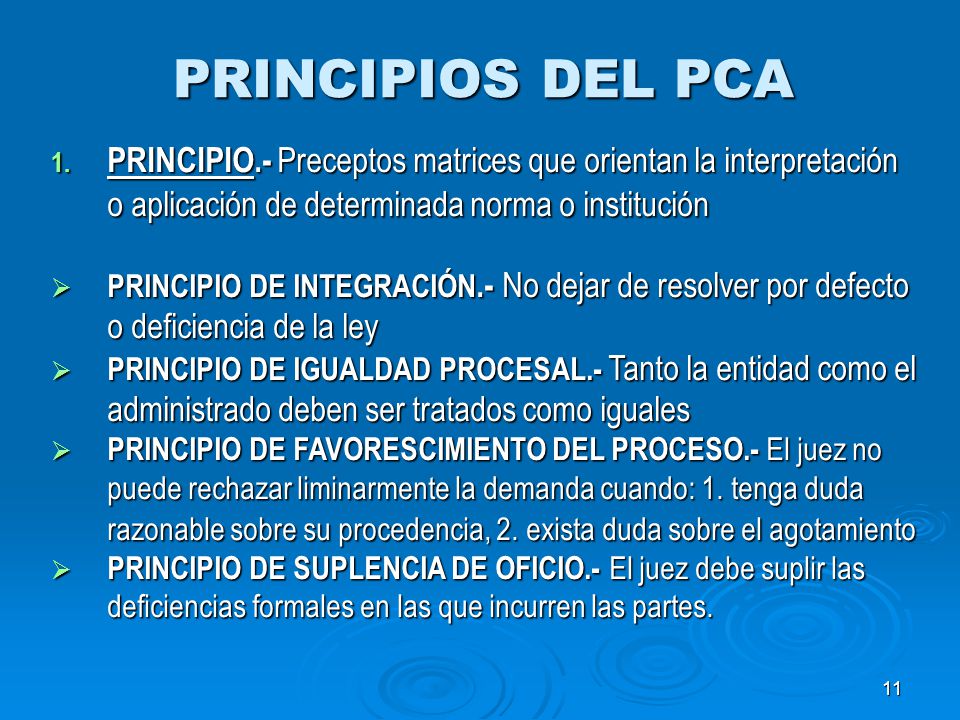 PRINCIPIOS DEL PCA PRINCIPIO.- Preceptos matrices que orientan la interpretación o aplicación de determinada norma o institución.
