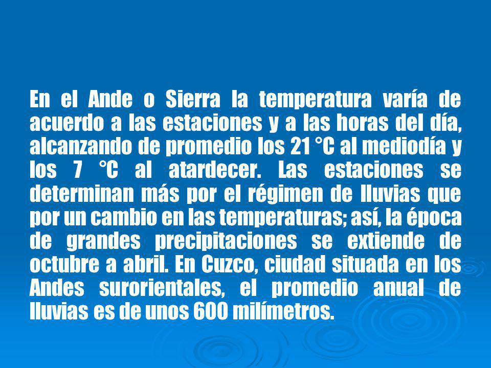 En el Ande o Sierra la temperatura varía de acuerdo a las estaciones y a las horas del día, alcanzando de promedio los 21 °C al mediodía y los 7 °C al atardecer.