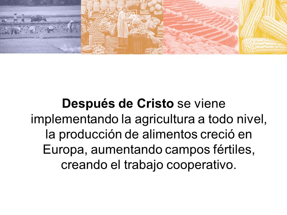 Después de Cristo se viene implementando la agricultura a todo nivel, la producción de alimentos creció en Europa, aumentando campos fértiles, creando el trabajo cooperativo.