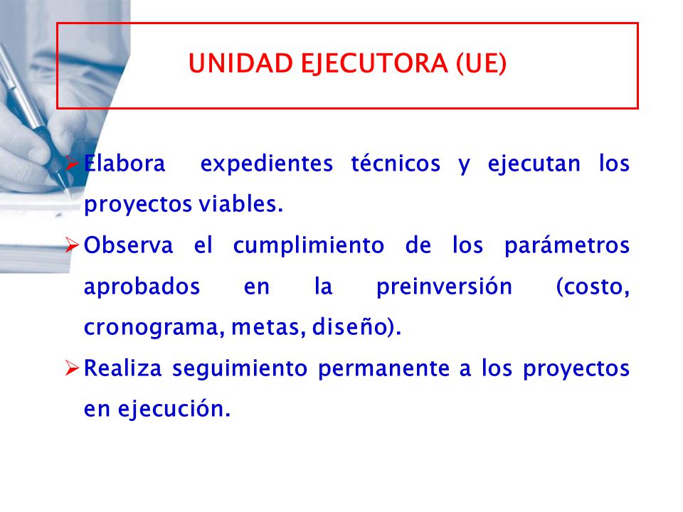 UNIDAD EJECUTORA (UE) Elabora expedientes técnicos y ejecutan los proyectos viables.