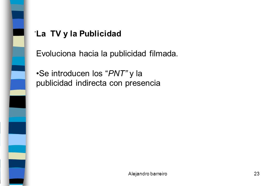 Evoluciona hacia la publicidad filmada. Se introducen los PNT y la