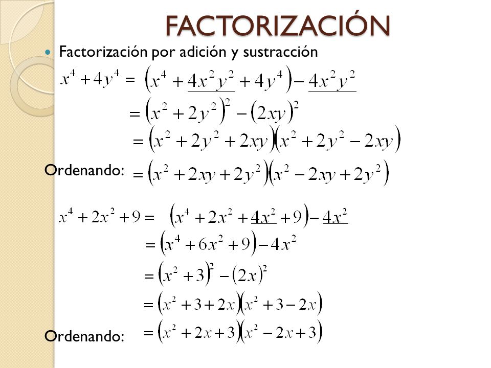 FACTORIZACIÓN Factorización por adición y sustracción Ordenando:
