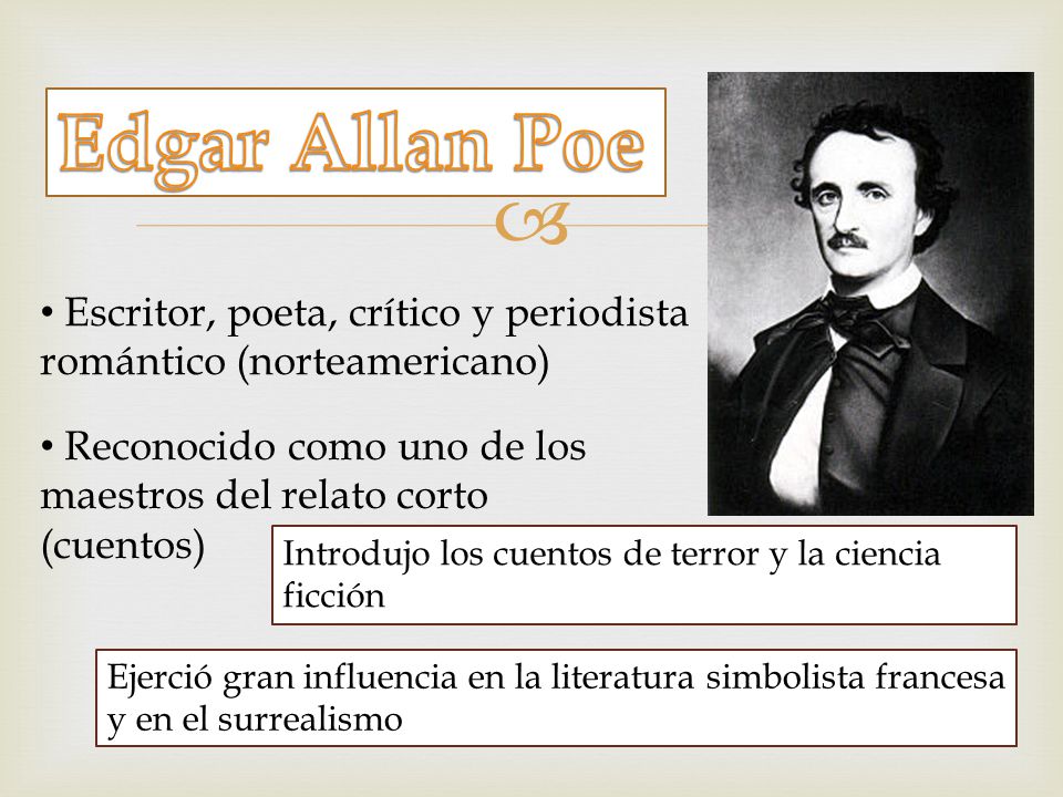 Edgar Allan Poe Escritor, poeta, crítico y periodista romántico (norteamericano) Reconocido como uno de los maestros del relato corto (cuentos)