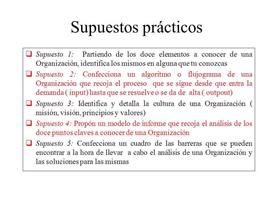 Supuestos prácticos Supuesto 1: Partiendo de los doce elementos a conocer de una Organización, identifica los mismos en alguna que tu conozcas.
