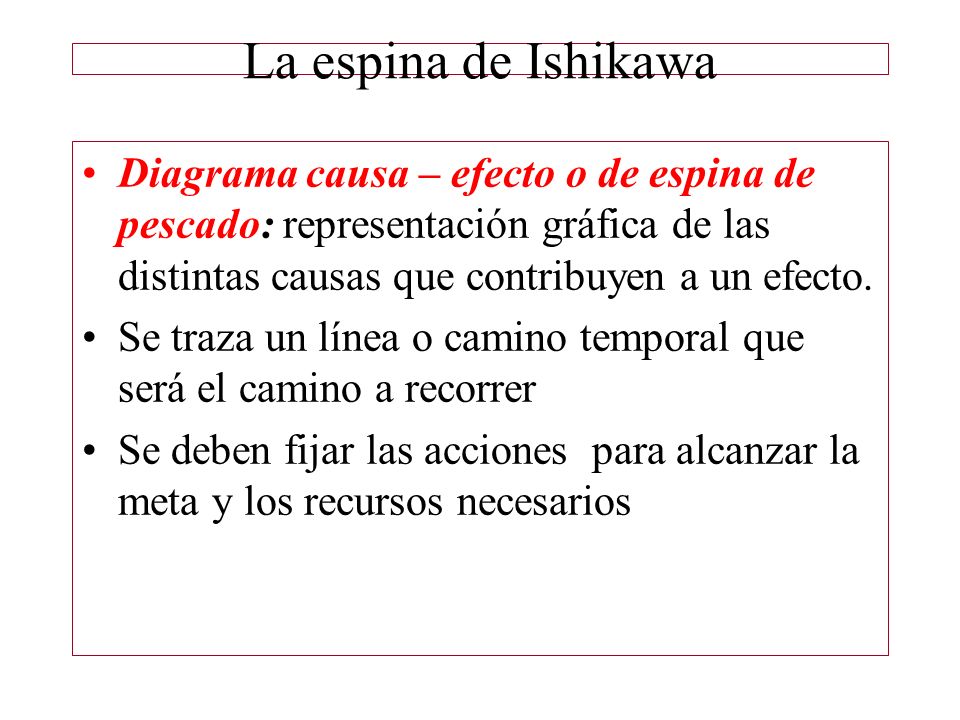 La espina de Ishikawa Diagrama causa – efecto o de espina de pescado: representación gráfica de las distintas causas que contribuyen a un efecto.