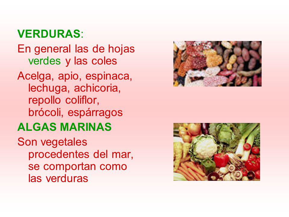 VERDURAS: En general las de hojas verdes y las coles. Acelga, apio, espinaca, lechuga, achicoria, repollo coliflor, brócoli, espárragos.