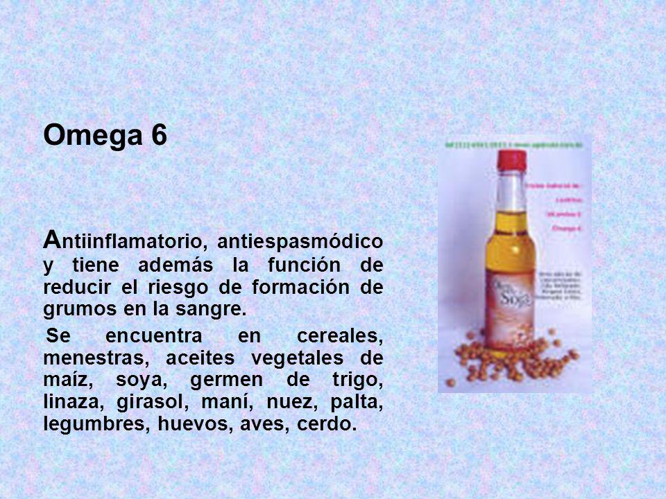 Omega 6 Antiinflamatorio, antiespasmódico y tiene además la función de reducir el riesgo de formación de grumos en la sangre.