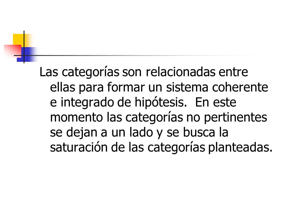 Las categorías son relacionadas entre ellas para formar un sistema coherente e integrado de hipótesis.