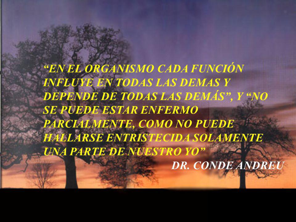 EN EL ORGANISMO CADA FUNCIÓN INFLUYE EN TODAS LAS DEMAS Y DEPENDE DE TODAS LAS DEMÁS , Y NO SE PUEDE ESTAR ENFERMO PARCIALMENTE, COMO NO PUEDE HALLARSE ENTRISTECIDA SOLAMENTE UNA PARTE DE NUESTRO YO