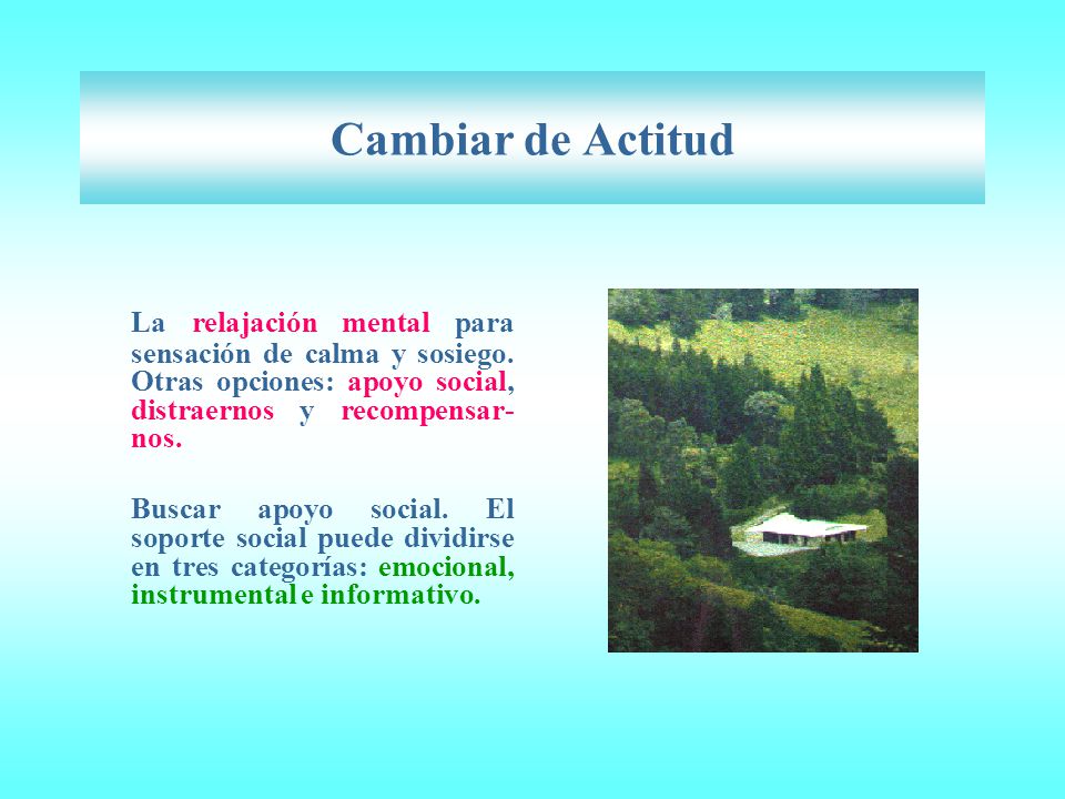 Cambiar de Actitud La relajación mental para sensación de calma y sosiego. Otras opciones: apoyo social, distraernos y recompensar-nos.