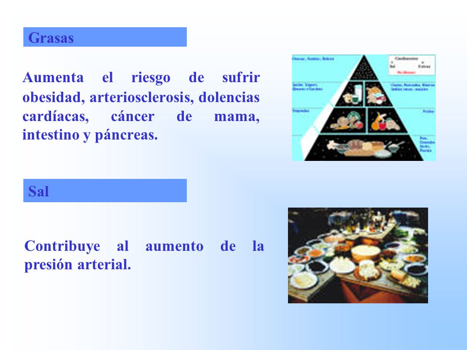 Grasas Aumenta el riesgo de sufrir obesidad, arteriosclerosis, dolencias cardíacas, cáncer de mama, intestino y páncreas.