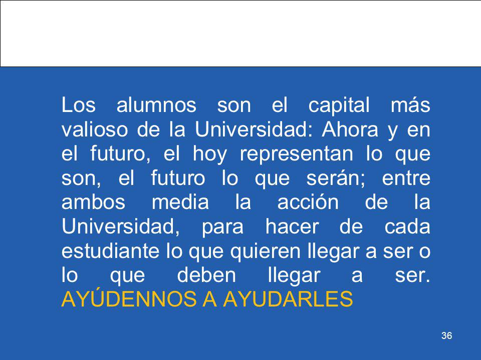 Los alumnos son el capital más valioso de la Universidad: Ahora y en el futuro, el hoy representan lo que son, el futuro lo que serán; entre ambos media la acción de la Universidad, para hacer de cada estudiante lo que quieren llegar a ser o lo que deben llegar a ser.