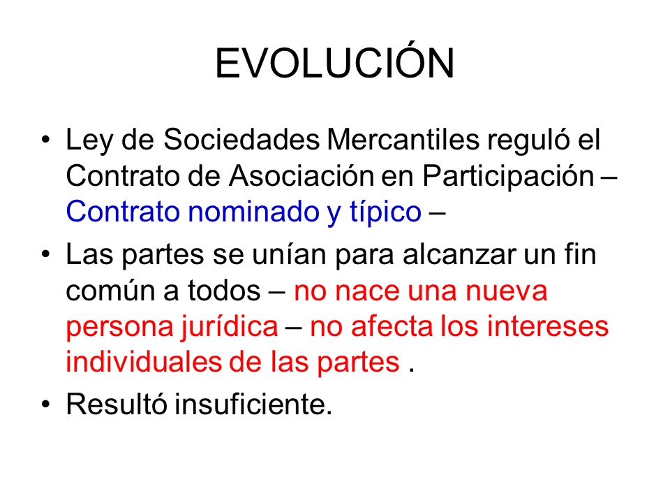 EVOLUCIÓN Ley de Sociedades Mercantiles reguló el Contrato de Asociación en Participación – Contrato nominado y típico –