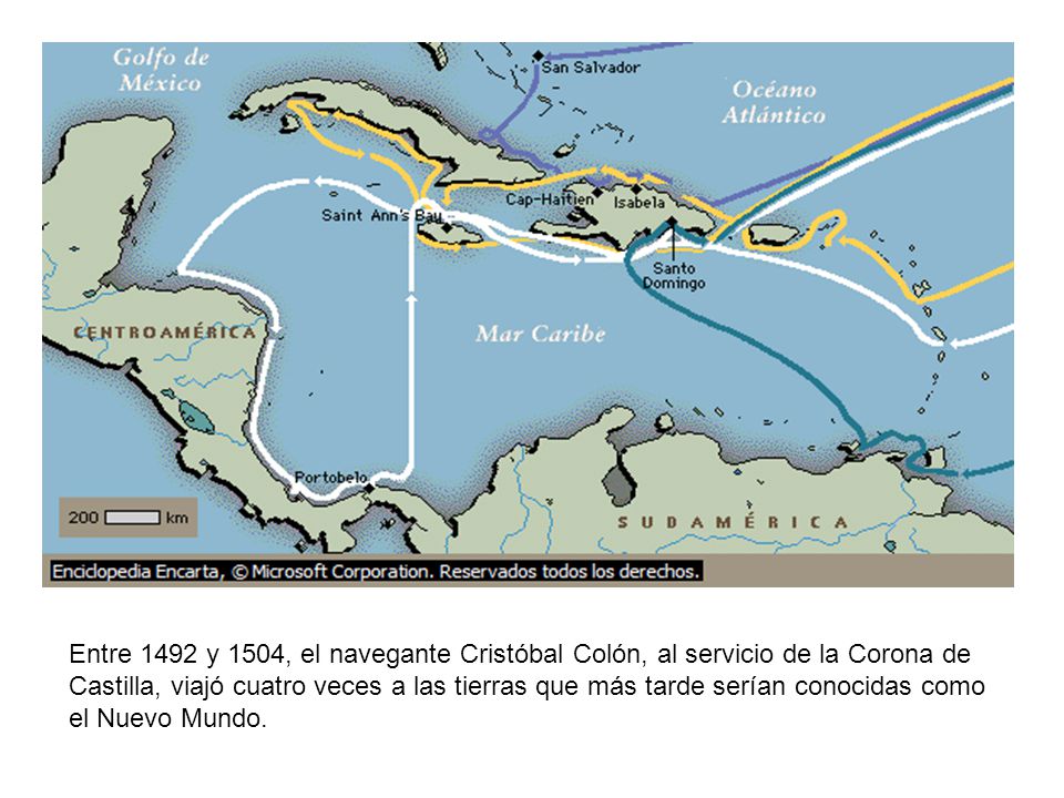 Entre 1492 y 1504, el navegante Cristóbal Colón, al servicio de la Corona de Castilla, viajó cuatro veces a las tierras que más tarde serían conocidas como el Nuevo Mundo.