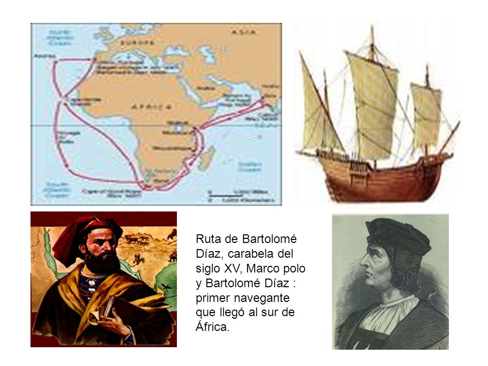 Ruta de Bartolomé Díaz, carabela del siglo XV, Marco polo y Bartolomé Díaz : primer navegante que llegó al sur de África.